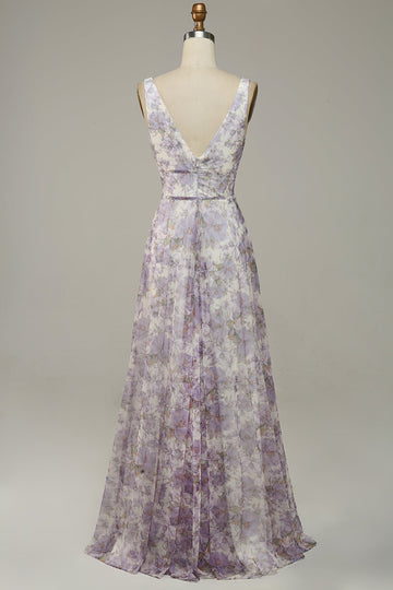 Ivory Purple Printed V-Neck Prom Dress With Slit